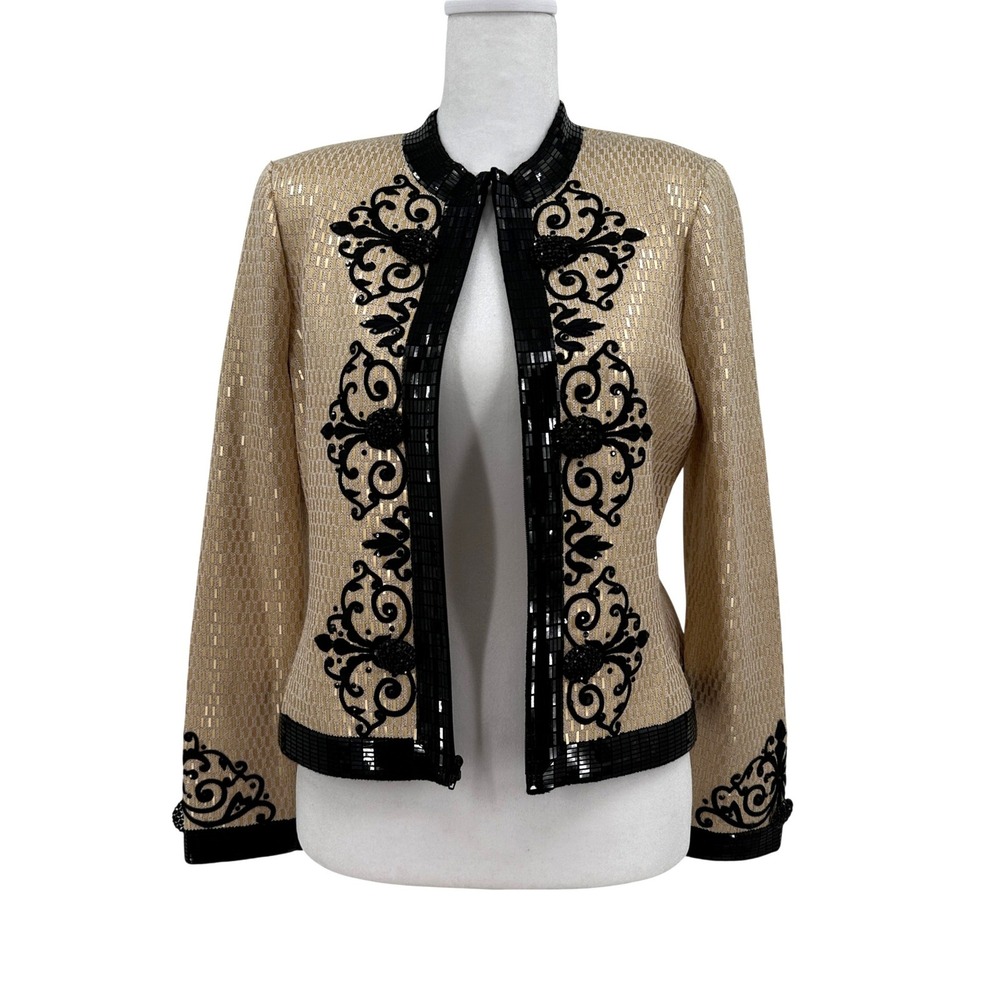 St John Evening Marie Gray Gold Black Knit Sequin Embroidered Jacket Beaded US 4 - Picture 10 of 13